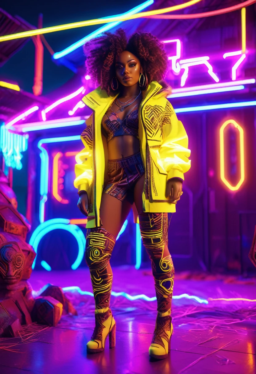 Wide angle shot of a Beautiful black woman dressed in african designed neon lit clothes with curly hair, standing next to a cyberpunk neon lit african designed hut, neon lights lighting the scene, night time, cyberpunk art, 32k, ultra HD, unreal engine rendered, cinematic lighting
