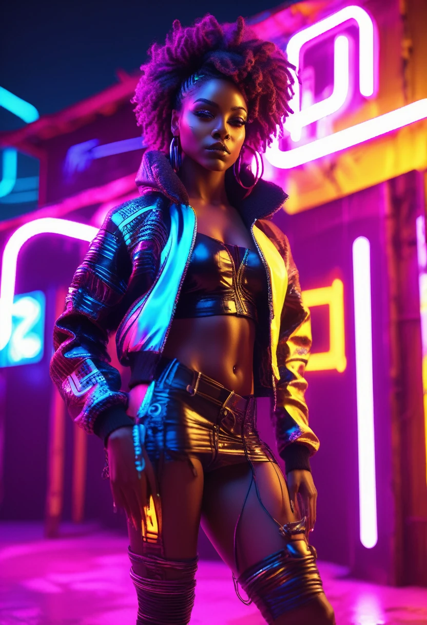 Wide angle shot of a Beautiful black woman dressed in african designed neon lit clothes with curly hair, standing next to a cyberpunk neon lit african designed hut, neon lights lighting the scene, night time, cyberpunk art, 32k, ultra HD, unreal engine rendered, cinematic lighting 