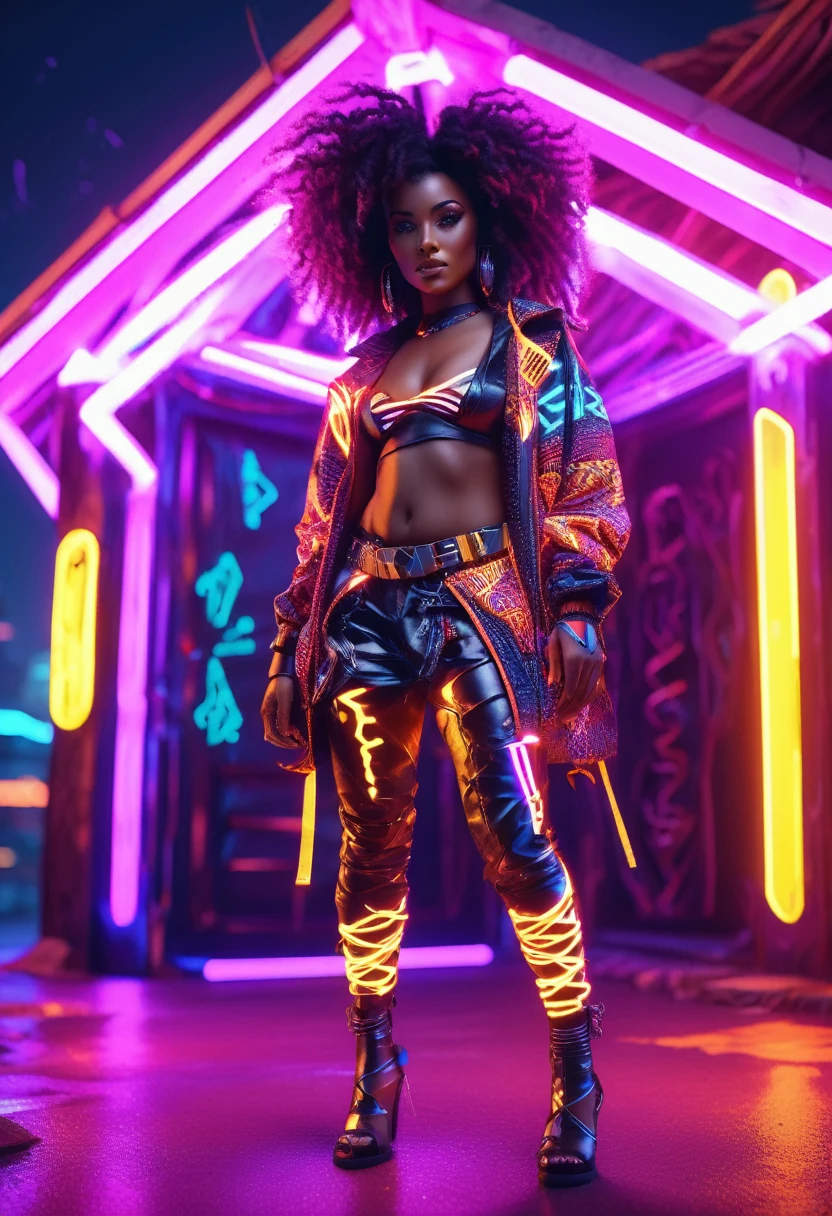 Wide angle shot of a Beautiful black woman dressed in african designed neon lit clothes with curly hair, standing next to a cyberpunk neon lit african designed hut, neon lights lighting the scene, night time, cyberpunk art, 32k, ultra HD, unreal engine rendered, cinematic lighting 