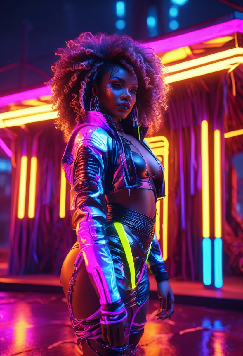 Wide angle shot of a Beautiful black woman dressed in african designed neon lit clothes with curly hair, standing next to a cyberpunk neon lit african designed hut, neon lights lighting the scene, night time, cyberpunk art, 32k, ultra HD, unreal engine rendered, cinematic lighting