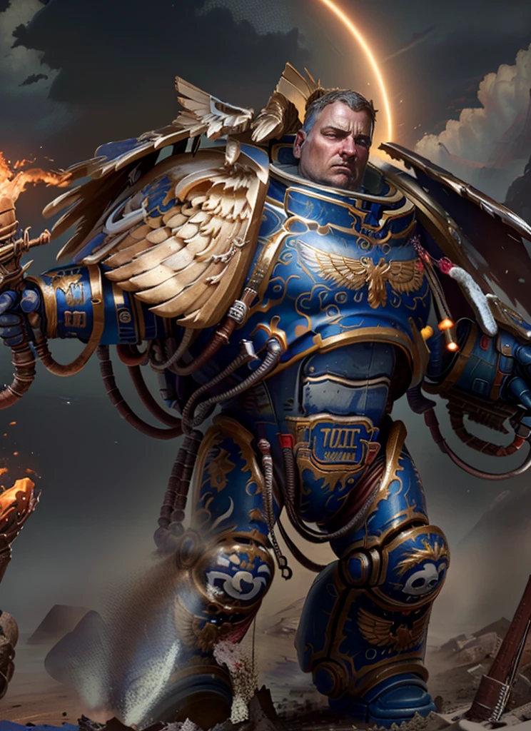 1man
masterpiece, detailed, realistic, digital art, octane render, guilliman, weapon, holding weapon, solo, full body, wasteland, at night day, with mechanical arms, power armor, by midjourney, POV shot, trending on artstation, no humans, centered, 8k  