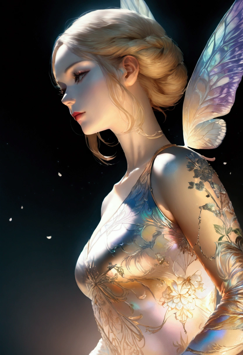 professional artwork, famous artwork, ultra realistic cg, wallpaper, hdr, a photo of a beautiful woman, lingerie, lace panties, nipples, puffy nipples, seductive smile, erotic pose, sexy, ornate, bioluminescence, glowing skin, wings, yellow eyes, platinum blonde hair, medium breasts, detailed background,