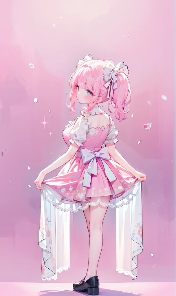 (masterpiece:1.2), best quality, highres, original, (extremely detailed:1.2), ultra-detailed, wallpaper, perfect lighting,(extremely detailed CG:1.2), 8k, 1girl, solo, kawaii, (twintails, pink hair:1.1), (Lolita Fashion, pink dress, short-sleeves, bowknot on waistline, lace hemline, knee-length dress, delicate dress:1.2), (anatomically correct:1.3), standing, close-up, from behind, view of back, (dreamlike background, pink background, girly background:1.2)