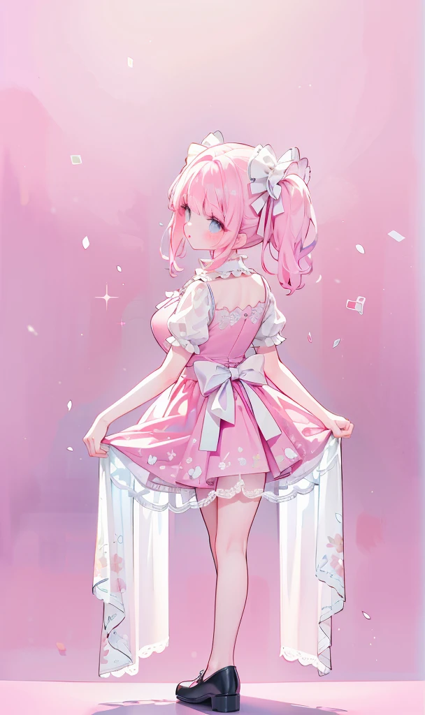 (masterpiece:1.2), best quality, highres, original, (extremely detailed:1.2), ultra-detailed, wallpaper, perfect lighting,(extremely detailed CG:1.2), 8k, 1girl, solo, kawaii, (twintails, pink hair:1.1), ( Fashion, pink dress, short-sleeves, bowknot on waistline, lace hemline, knee-length dress, delicate dress:1.2), (anatomically correct:1.3), standing, close-up, from behind, view of back, (dreamlike background, pink background, girly background:1.2)