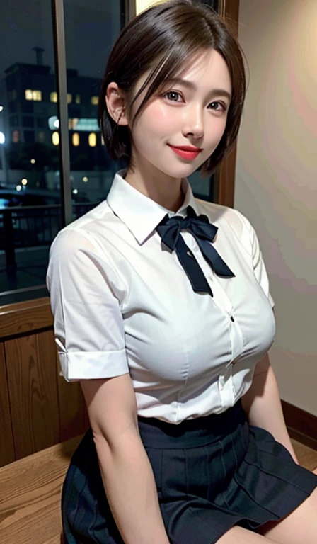 (8k, RAW Photos, Highest quality, masterpiece:1.2), (Realistic, photo-Realistic:1.37), Very detailed, 1 girl,cute, alone,Beautifully detailed skies,Detailed Cafe,night,Sitting,Date,(Red nose),(smile:1.1),(Mouth closed),Large Breasts, seductive smile, Large opening, Professional Lighting, Sony A7R4, Zesse 50mm F1.8, Medium chest,Beautiful attention to detail,(Collared shirt:1.1), bow tie,Pleated skirt,(short hair:1.2),Floating Hair