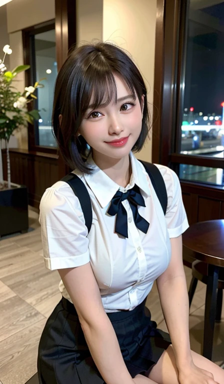 (8k, RAW Photos, Highest quality, masterpiece:1.2), (Realistic, photo-Realistic:1.37), Very detailed, 1 girl,cute, alone,Beautifully detailed skies,Detailed Cafe,night,Sitting,Date,(Red nose),(smile:1.1),(Mouth closed),Large Breasts, seductive smile, Large opening, Professional Lighting, Sony A7R4, Zesse 50mm F1.8, Medium chest,Beautiful attention to detail,(Collared shirt:1.1), bow tie,Pleated skirt,(short hair:1.2),Floating Hair