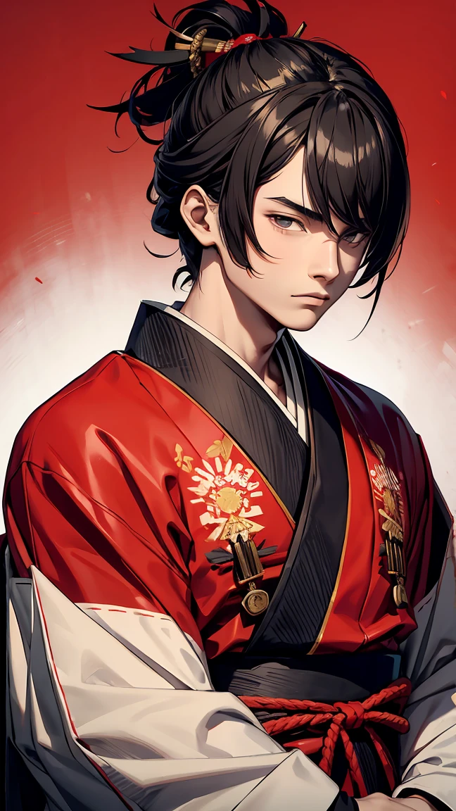 (8k, art 3d, masterpiece) A young samurai, in red and black kimonos, wearing a mask that your face