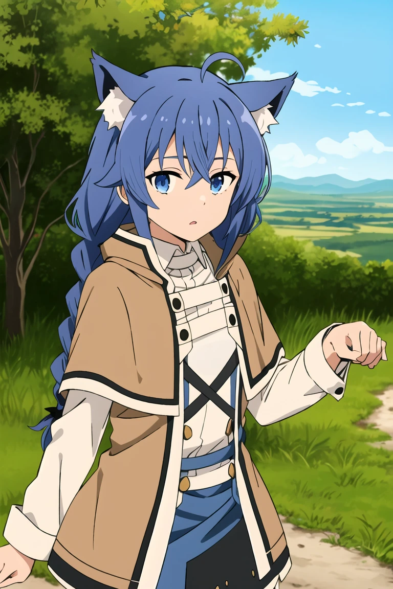 1girl, solo,  body, roxy migurdia, blue hair, long hair, low twin braids, hair ribbon, hair between eyes, ahoge, blue eyes, small breasts, white collared shirt, long sleeves, wide sleeves, white capelet, brown cape, cat ears, paw pose, looking at viewer, close-up, upper body