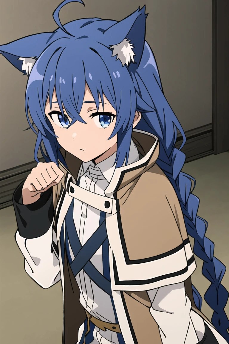 1girl, solo,  body, roxy migurdia, blue hair, long hair, low twin braids, hair ribbon, hair between eyes, ahoge, blue eyes, small breasts, white collared shirt, long sleeves, wide sleeves, white capelet, brown cape, cat ears, paw pose, looking at viewer, close-up, upper body