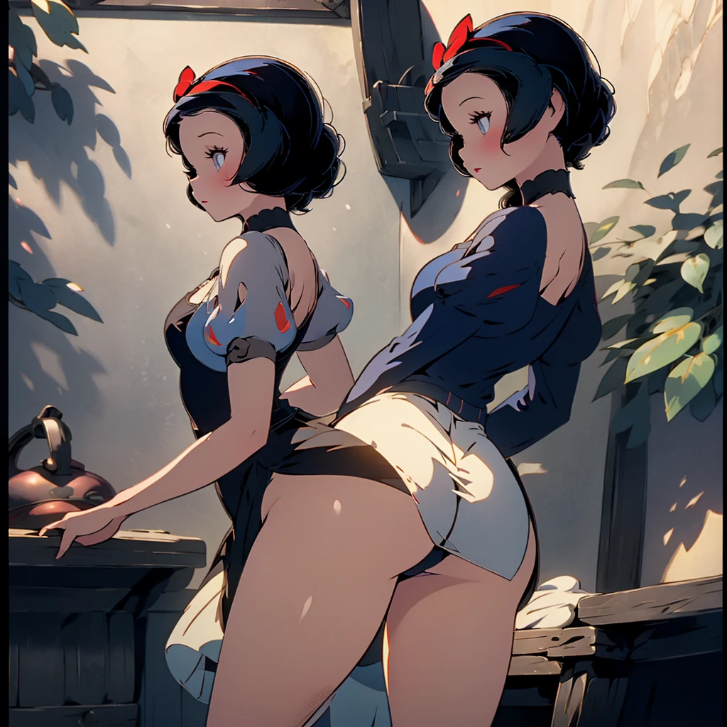 best quality, masterpiece, absurdres, 1girl, solo, snow white ,snow white, black short hair, red ribbon, modern disney style, see-through, blue eyes, round butt, back view, extremely sexy, seductive, standing, indoors, blushing, embarrased, flirty, thin legs