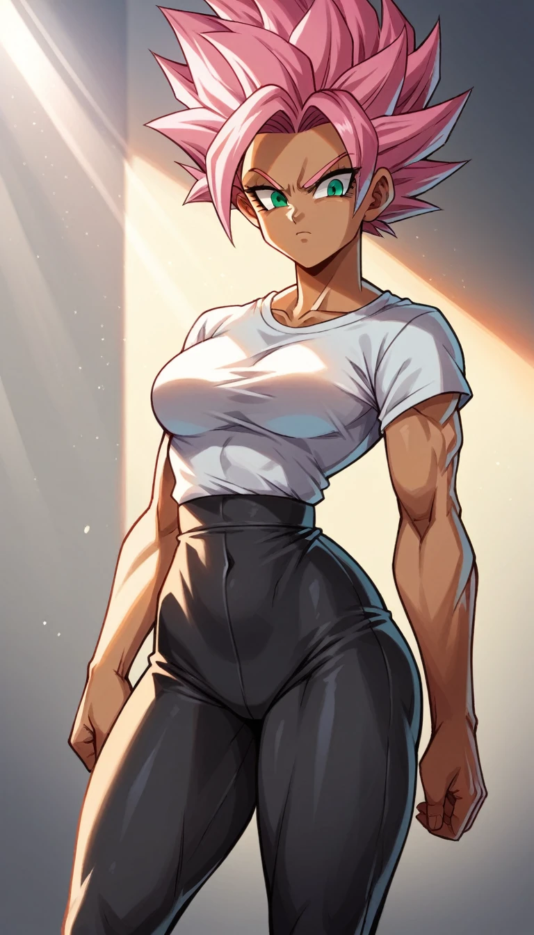 a girl, Saiyan, dark and strong super saiyan pink hair, super saiyan pink, spiky, green eyes, defined muscles, thin waist, wide hips, dark skin, medium breasts, tight clothes, white t-shirt, black pants, pink rays around , black rays all around
