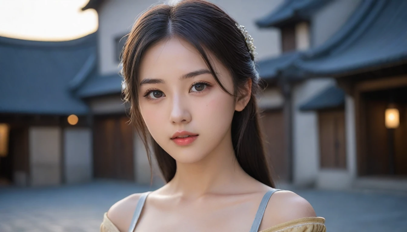 8k, Ultra-high resolution, Highest quality, masterpiece, 三分割法によるphotograph,Surreal, photograph, 1 Girl, (:1.3), pretty girl, Cute Face, Beautiful eyes in every detail, 細かくdetailedに,masterpiece,One Girl:1.2, Japan Female Announcer,extream close up,disgust,Long black hair,Pulled back hair,(Dressed in medieval European clothing:1.3),(印象派の美しい少女のPortraiture), (Standing in a medieval European square:1.3), (After the Rain), (Sunset reflection), (Impressionist light and colour),Realistic Skin, Perfect and beautiful face ,完璧でCute Face, Skin with attention to detail, Perfect limbs、Narrow waist,Looking at the audience、beauty,Long neck,clavicle,(((Ideal body type))),A cup small breasts :2,Portraiture:2,Perfect Anatomy,鮮明なdetailed,detailed,Surreal,Light and shadow,darkness