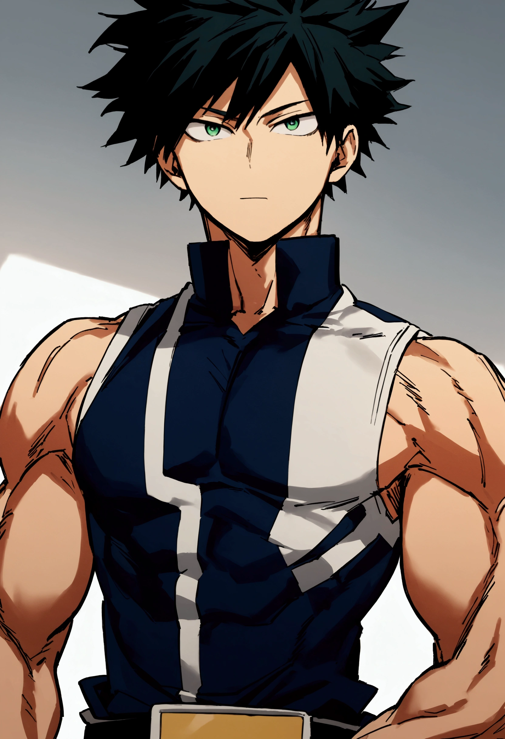 He is a 17 year old teenager, He has slightly disheveled very black hair..., somewhat light green eyes, (front angle ), ID student card photo  , muscular body , He is dressed in the anime uniform. "my hero academia"