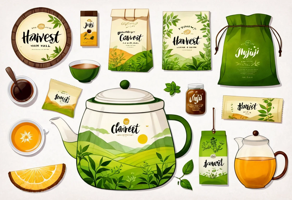 A set of tea sets for casual relaxation with illustrations,calligraphic fonts with green tones,coffee bags,paper bags,prints and accessories,with the theme of the harvest world,clean light gray background,(niji:2),hand-drawn,illustration style