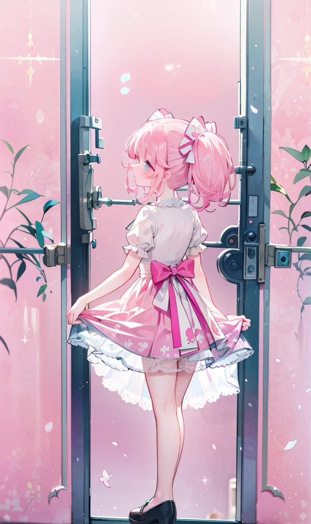 (masterpiece:1.2), best quality, highres, original, (extremely detailed:1.2), ultra-detailed, wallpaper, perfect lighting,(extremely detailed CG:1.2), 8k, 1girl, solo, kawaii, (twintails, pink hair:1.1), (Lolita Fashion, pink dress, short-sleeves, bowknot on waistline, lace hemline, knee-length dress, delicate dress:1.2), (anatomically correct:1.3), standing, close-up, from behind, view of back, (dreamlike background, pink background, girly background:1.2)