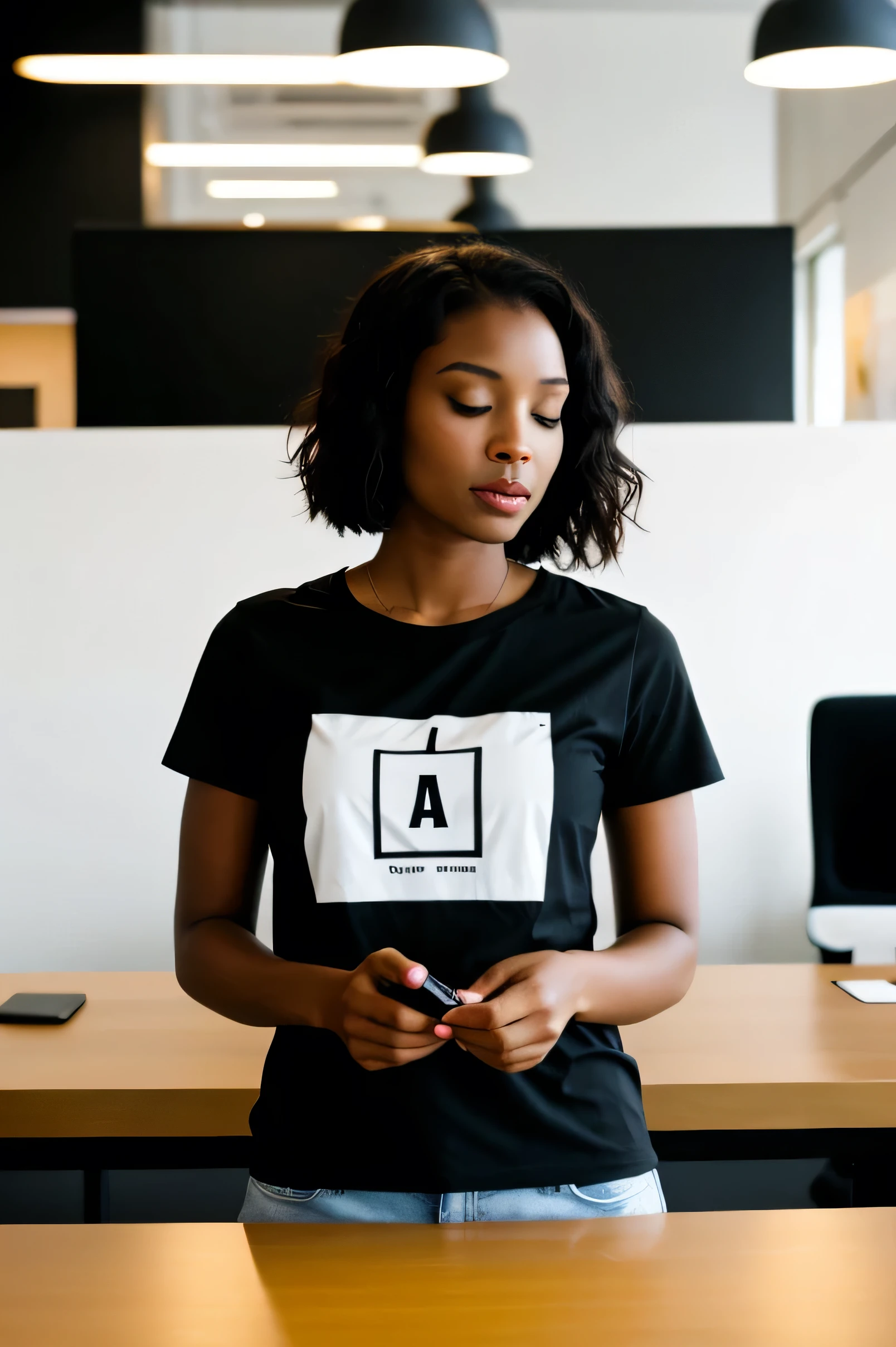 Design an image. A black lady pressing her phone. Wearing a black t-shirt saying JOACKIM CONCEPTS. in office background 