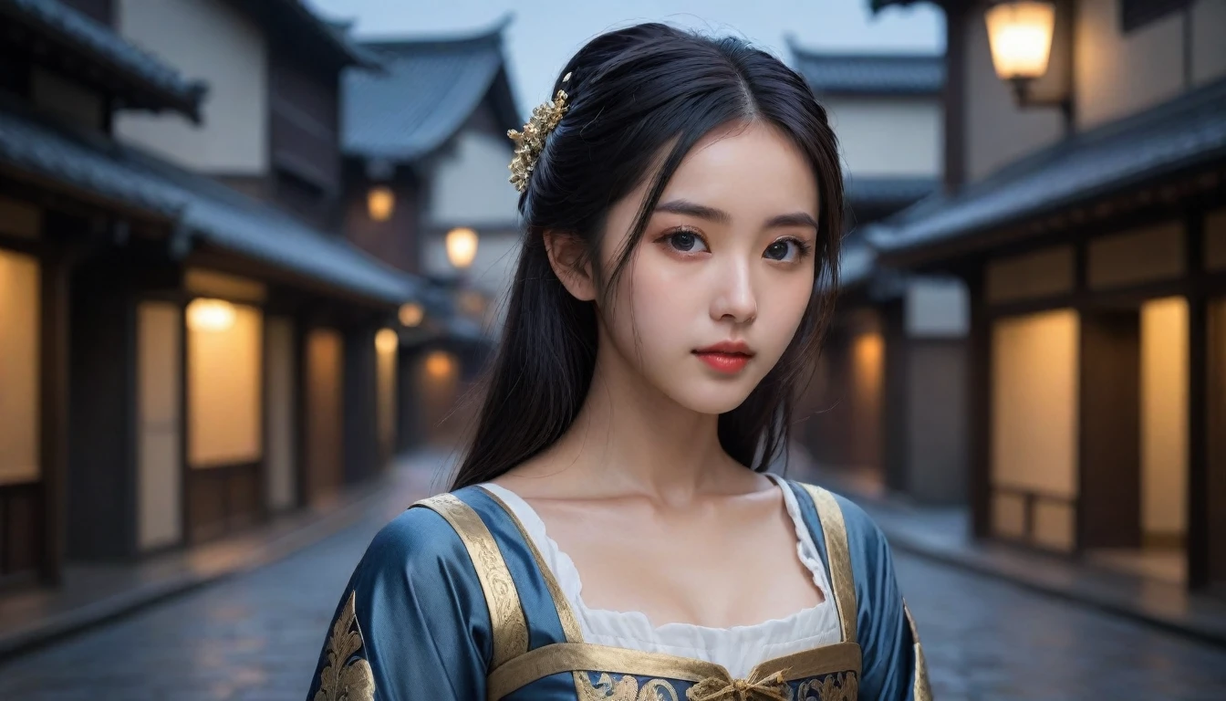 8k, Ultra-high resolution, Highest quality, masterpiece, 三分割法によるphotograph,Surreal, photograph, 1 Girl, (16 years old:1.3), pretty girl, Cute Face, Beautiful eyes in every detail, 細かくdetailedに,masterpiece,One Girl:1.2, Japan Female Announcer,extream close up,disgust,Long black hair,Pulled back hair,(Dressed in medieval European clothing:1.3),(印象派の美しい少女のPortraiture), (Standing in a medieval European square:1.3), (After the Rain), (Sunset reflection), (Impressionist light and colour),Realistic Skin, Perfect and beautiful face ,完璧でCute Face, Skin with attention to detail, Perfect limbs、Narrow waist,Looking at the audience、beauty,Long neck,clavicle,(((Ideal body type))),A cup small breasts :2,Portraiture:2,Perfect Anatomy,鮮明なdetailed,detailed,Surreal,Light and shadow,darkness