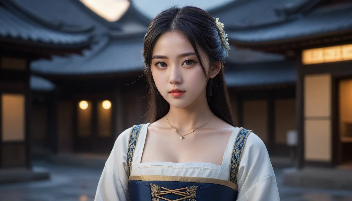 8k, Ultra-high resolution, Highest quality, masterpiece, 三分割法によるphotograph,Surreal, photograph, 1 Girl, (:1.3), pretty girl, Cute Face, Beautiful eyes in every detail, 細かくdetailedに,masterpiece,One Girl:1.2, Japan Female Announcer,extream close up,disgust,Long black hair,Pulled back hair,(Dressed in medieval European clothing:1.3),(印象派の美しい少女のPortraiture), (Standing in a medieval European square:1.3), (After the Rain), (Sunset reflection), (Impressionist light and colour),Realistic Skin, Perfect and beautiful face ,完璧でCute Face, Skin with attention to detail, Perfect limbs、Narrow waist,Looking at the audience、beauty,Long neck,clavicle,(((Ideal body type))),A cup small breasts :2,Portraiture:2,Perfect Anatomy,鮮明なdetailed,detailed,Surreal,Light and shadow,darkness