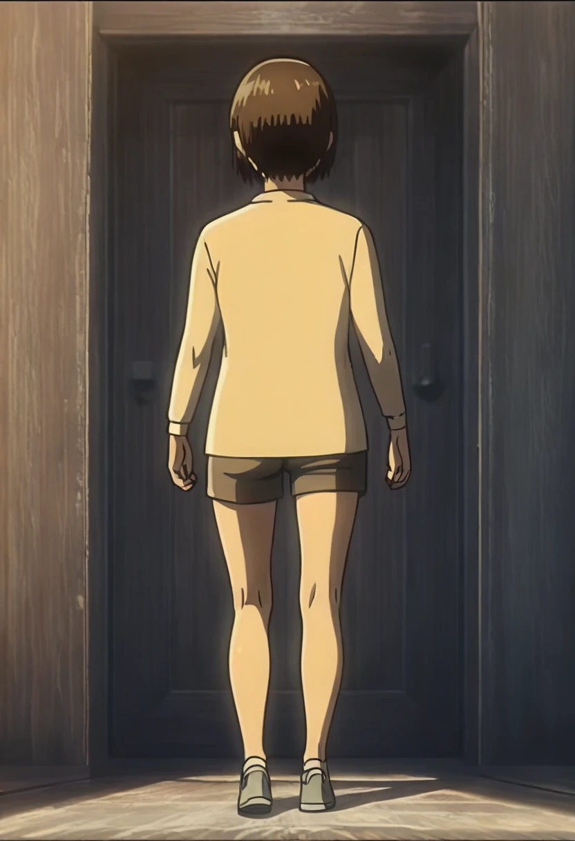 , score_9, score_8_up, score_7_up,1girl,source_anime,brown hair,short tied hair,brown eyes,freckles,detailed face,masterpiece,best quality, room, legs, , tall girl, , full body, back, ass, back focus, standing, walking,