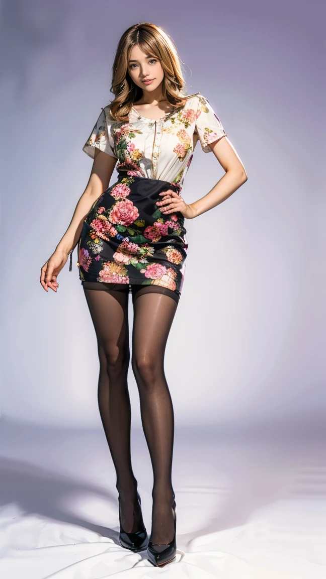 ((masterpiece)),(((Highest quality))),Thin thighs,Long legs,whole body:1.5，(One Girl:1.3),(Black pantyhose and thick pointy heels：1.3),(Wearing a floral mini skirt dress:1.2),Short Blonde:1.2、Model pose，