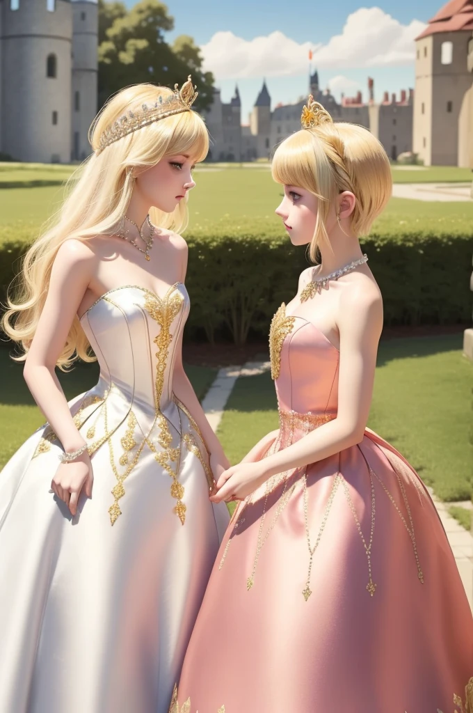 Two blonde princesses, one with short hair and the other with long hair, both wearing crystal and gold tiaras, wearing medieval dresses, royal dresses, pink and white dresses, wearing a 