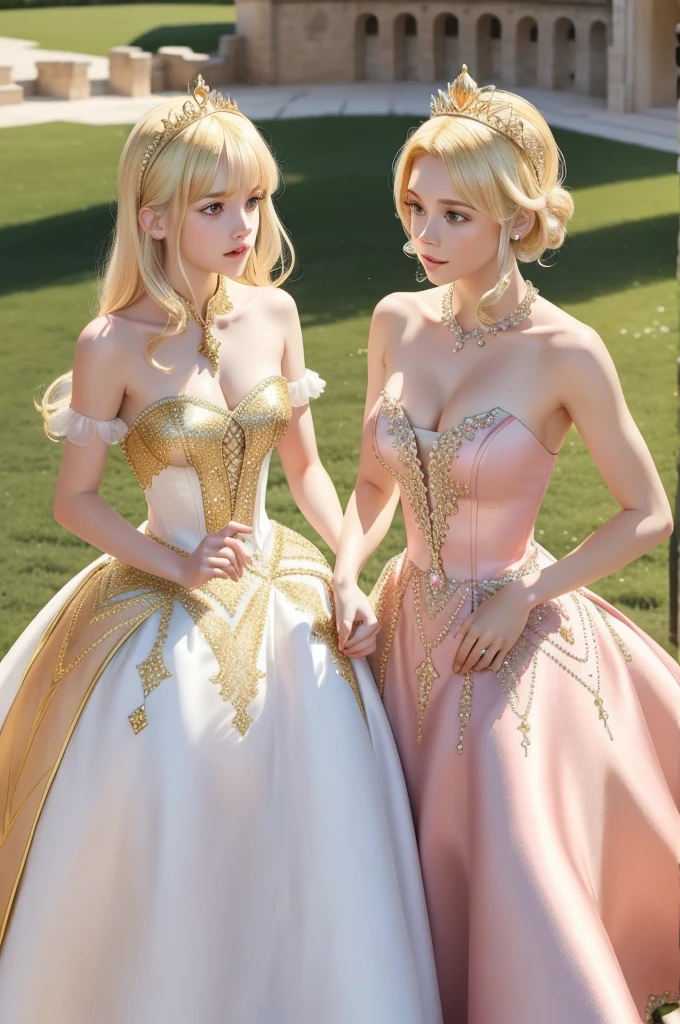 Two blonde princesses, one with short hair and the other with long hair, both wearing crystal and gold tiaras, wearing medieval dresses, royal dresses, pink and white dresses, wearing a 