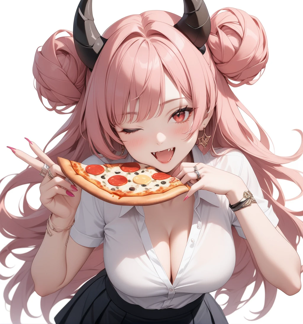 1girl, kirara \(blue archive\), blue archive, black choker, black horns, black skirt, blush, breasts, choker, cleavage, collarbone, collared shirt, cowboy shot, demon horns, double bun, earrings, fang, fingernails, hair bun, horns, jewelry, large breasts, long fingernails, long hair, looking at viewer, nail polish, one eye closed, open mouth, pink hair, pink nails, red eyes, ring, shirt, short sleeves, simple background, skirt, smile, solo, v, white background, white shirt, looking at viewer, (masterpiece), (best quality), (ultra-detailed), very aesthetic, illustration, perfect composition, moist skin, intricate details, mysterious, fantasy, eating pizza