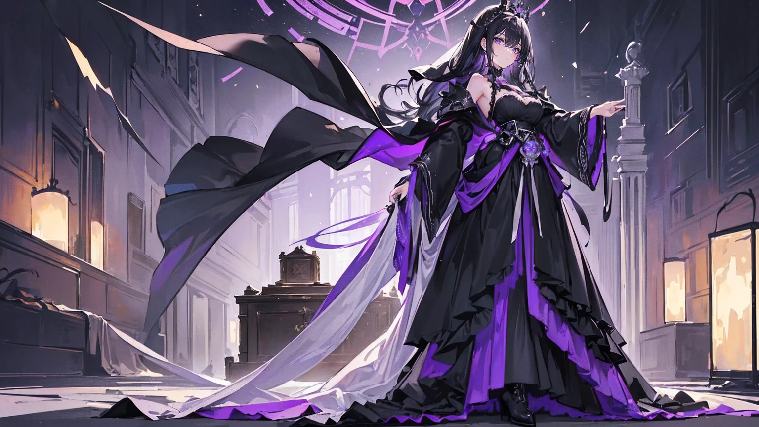 (Super detailed)),((illustration)),((masterpiece)),(((need))),((fine、Highest quality CG Unity 8K wallpapers,masterpiece),((4K,masterpiece,best quality)),Black hair queen,Royal sister,Sexy,Tall figure,Lilac eyes,Standing upright in a coffin,Mature,Hair Bunch,Hair tied on both sides,Black and gold gauze robe,Black and purple French vintage clothing,Gorgeous pure black cape,Black veil,Purple-white halo,Black and purple high heels,Wearing a crown on the head,Holding a knight's sword,pyramid,Emitting dim purple light,Brilliant palace,The deep sea is filled with coffins,Mysterious symbols,individual,Full body picture