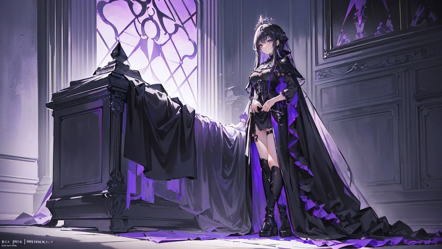(Super detailed)),((illustration)),((masterpiece)),(((need))),((fine、Highest quality CG Unity 8K wallpapers,masterpiece),((4K,masterpiece,best quality)),Black hair queen,Waist-length hair,Royal sister,Sexy,Tall figure,Lilac eyes,Standing upright in a coffin,mummy,The whole body is wrapped in bandages,Limbs wrapped in bandages,There is a coffin beside him,Mature,Hair Bunch,Hair tied on both sides,Black and purple French vintage clothing,Gorgeous pure black cape,Black veil,Purple-white halo,Black purple boots,Wearing a crown on the head,Holding a knight's sword,pyramid,Emitting dim purple light,Brilliant palace,Mysterious symbols,individual,Emit a dim light,Full body picture