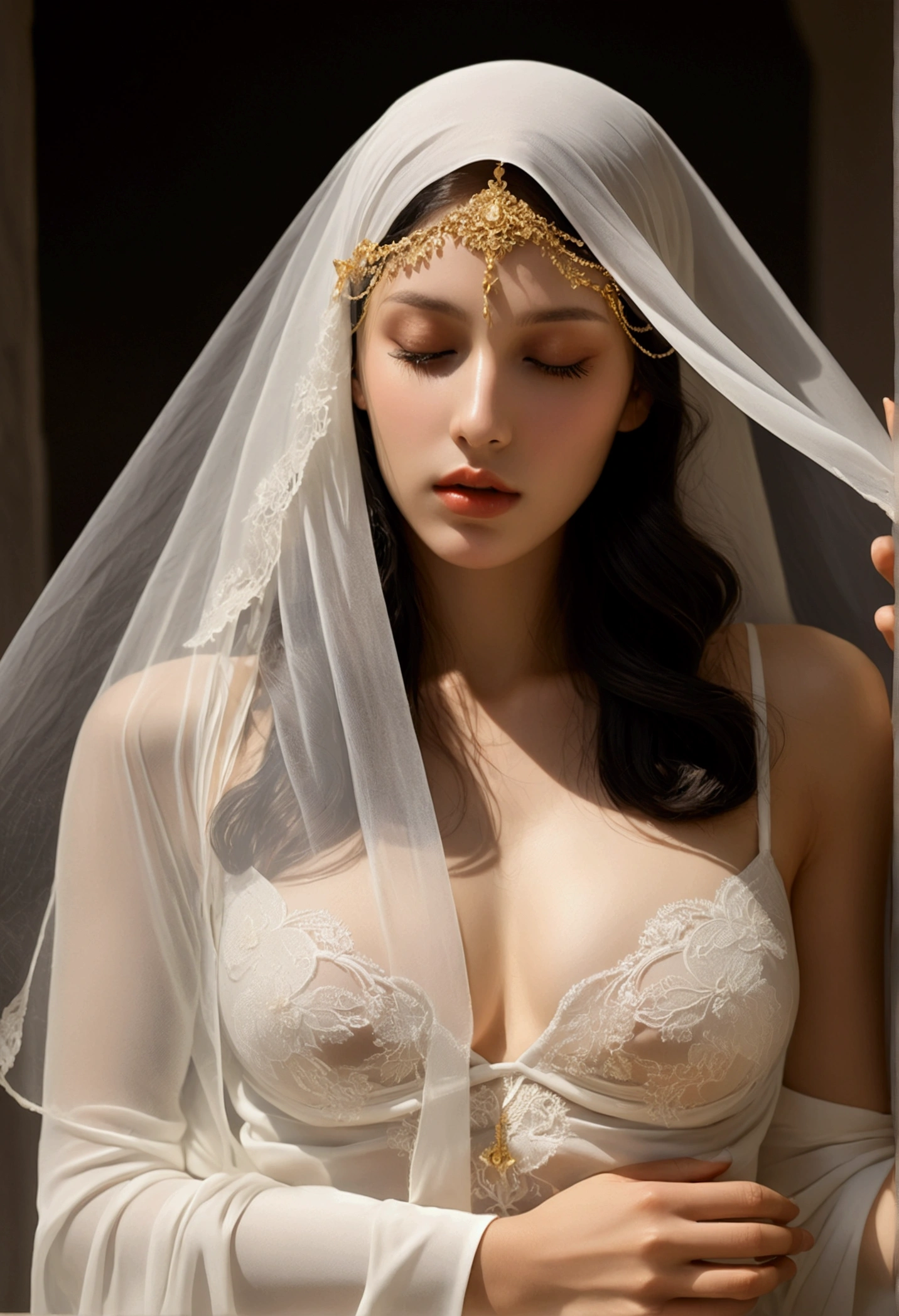 indian girl, wearing nude veil bride lingerie corset costume transparent. professionally retouched, soft lighting, realistic, smooth face, perfect eyes, sharp focus on eyes, 8 k, high definition, insanely detailed, intricate, elegant. be in the bedroom.