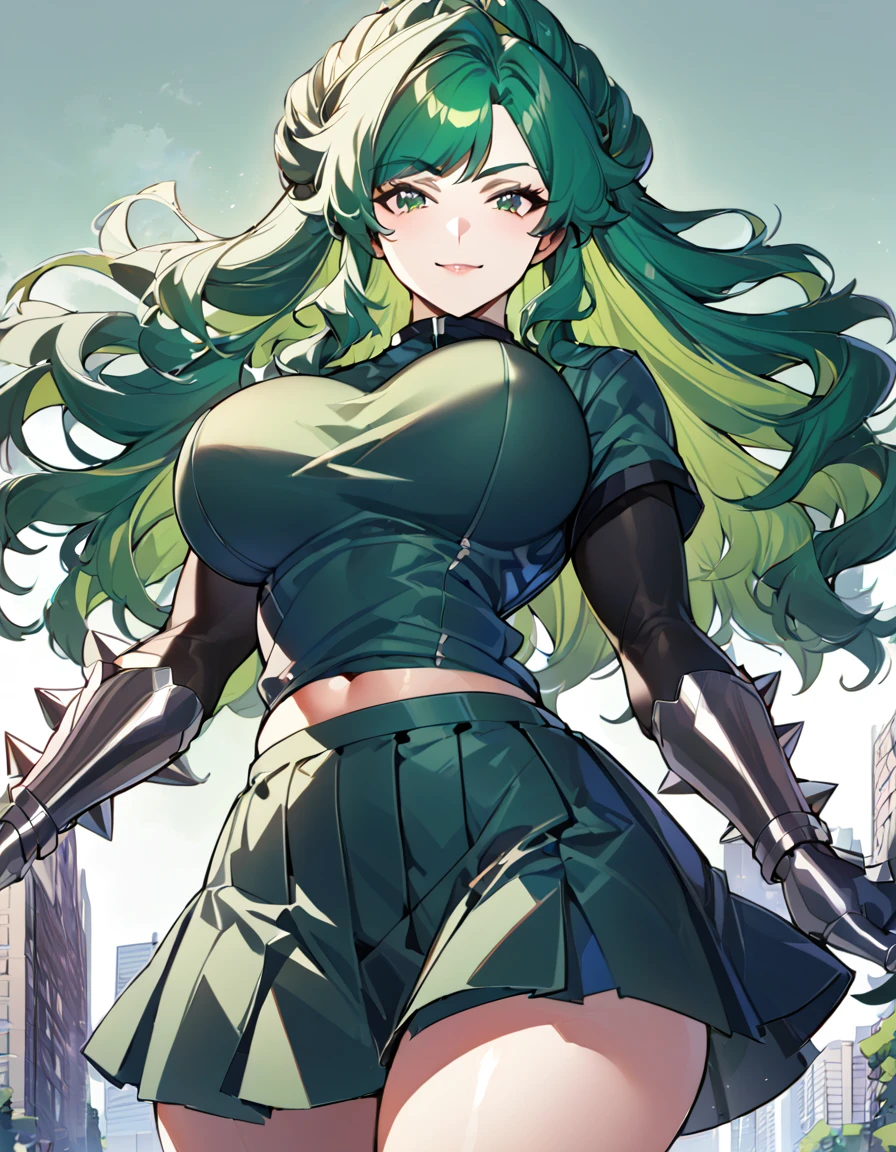 Anime, 1 girl, solo, kimtag, long huge fluffy hairstyle, vivid-green colored hair, Green eyes, half-smile, busty, firm strong body, student uniform, metallic spiked gloves, Waist chains, medium skirt, background destroied city