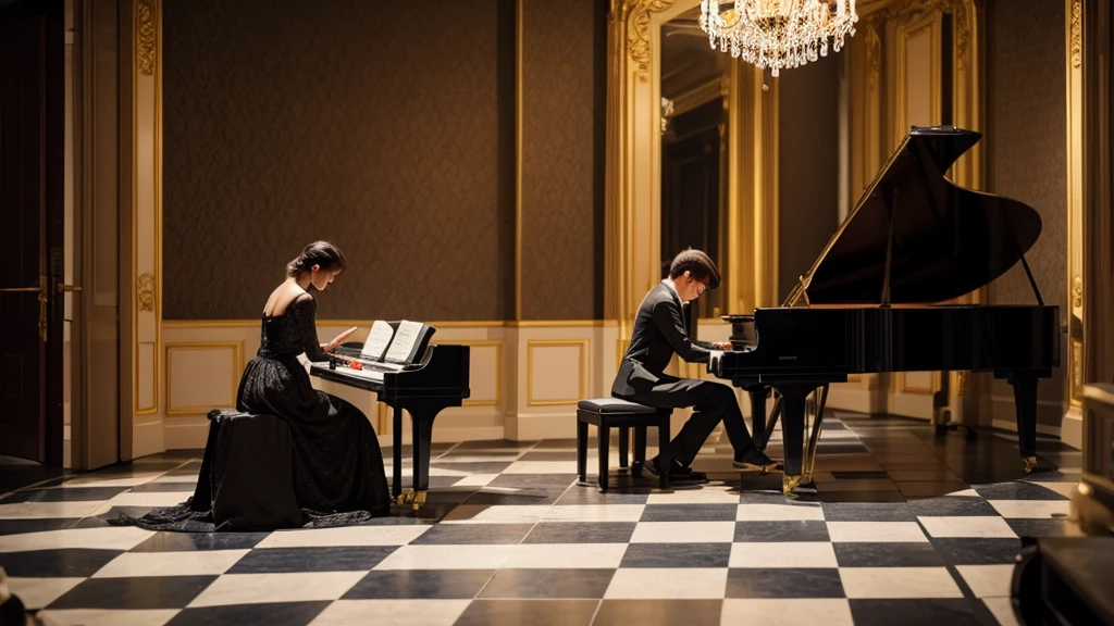 Playing piano on a chessboard - romantic atmosphere