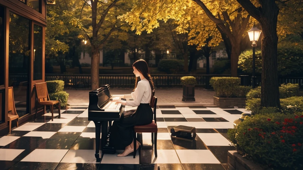 Playing piano on a chessboard - romantic atmosphere