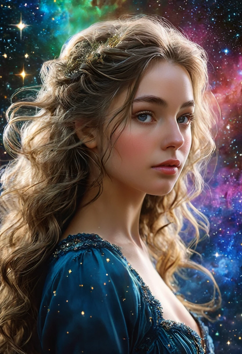 (Highest quality,4K,8k,High resolution,masterpiece:1.2), Very detailed, (Realistic,photoRealistic,photo-Realistic:1.37),(Numerous award-winning masterpieces, Incredibly detailed and textured, Highest resolution and clarity), (Hyper-Realistic:1.4)Beautiful girl in the foreground, (She is of French descent, She is a beautiful woman with fine eyes and a high nose.:1.1), Thick eyebrows, Detailed facial features, Long and graceful neck, Flowing locks of hair, Calm and elegant posture, Dreamy atmosphere, Surrealism, Mysterious Aura, Charlie Bowwater, 19th century France, Fascinating, (Detailed landscape of Asgard in the background, Aurora shining in the sky:1.6), (Starry sky with constellations:1.5), Very detailed, 8k, Very detailed, photoRealistic, masterpiece, (Natural light:1.4)