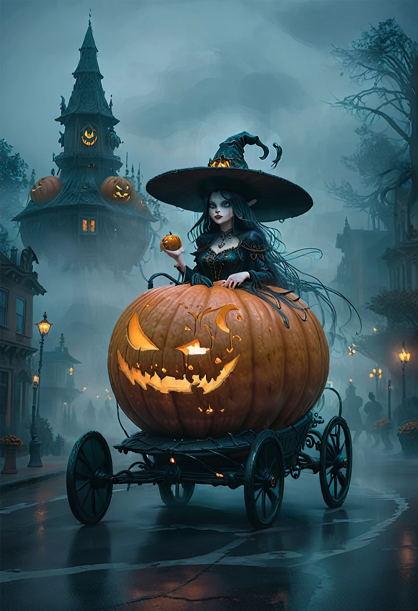 SSTA, The Dark Witch calmly cruises through the city streets in a magical pumpkin carriage., Beautifully carved decoration，shining from within, swirling fog, wonder, Dark Fairy Tale Charm, haunted car, In stark contrast to the typical secular reality.