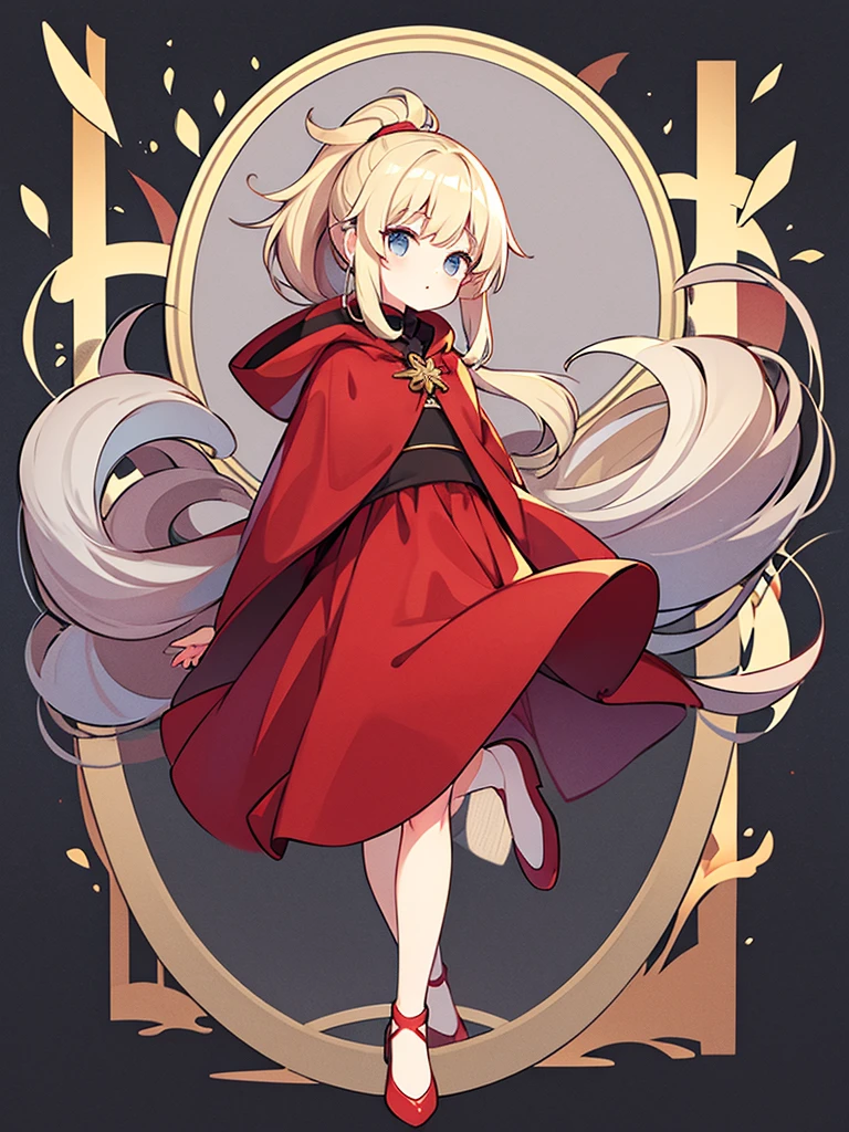 Full-body portrait、Fluffy hair、Blonde、Short ponytail、Grey sweater、Red cloak
