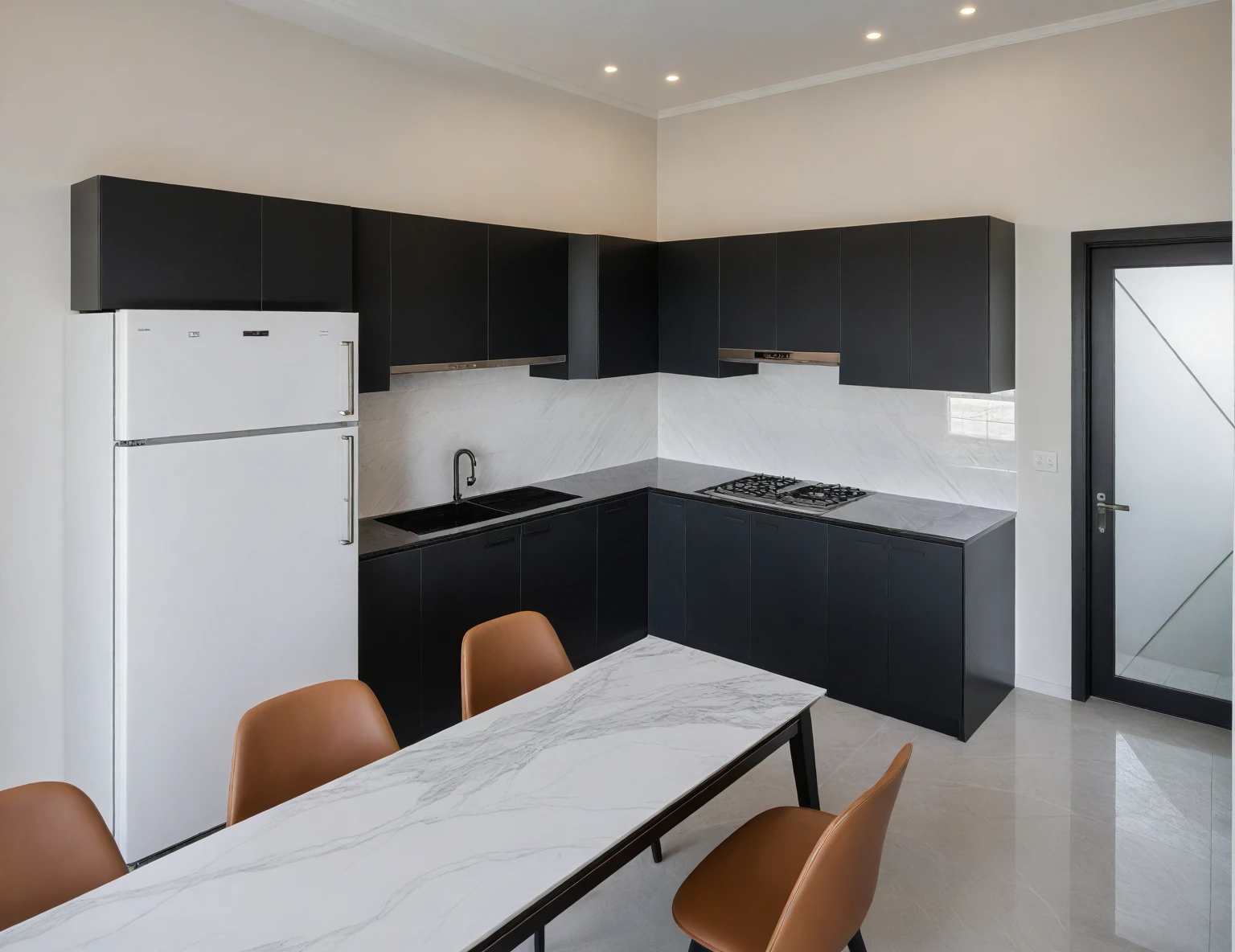 Raw photo,Masterpiece, high quality, best quality, authentic, super detail,
indoors, interior , ((kitchen and dining :1.3)), modern style, daylight, (WHITE WALL),luxury, marble tile floor, fridge, black stone counter top