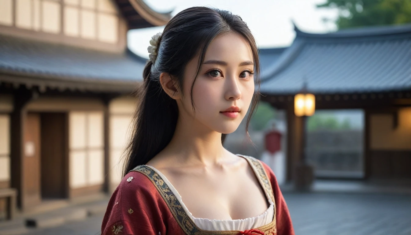 8k, Ultra-high resolution, Highest quality, masterpiece, 三分割法によるphotograph,Surreal, photograph, 1 Girl, (:1.3), pretty girl, Cute Face, Beautiful eyes in every detail, 細かくdetailedに,masterpiece,One Girl:1.2, Japan Female Announcer,extream close up,disgust,Long black hair,Pulled back hair,(Dressed in medieval European clothing:1.3),(印象派の美しい少女のPortraiture), (Standing in a medieval European square:1.3), (After the Rain), (Sunset reflection), (Impressionist light and colour),Realistic Skin, Perfect and beautiful face ,完璧でCute Face, Skin with attention to detail, Perfect limbs、Narrow waist,Looking at the audience、beauty,Long neck,clavicle,(((Ideal body type))),A cup small breasts :2,Portraiture:2,Perfect Anatomy,鮮明なdetailed,detailed,Surreal,Light and shadow,darkness