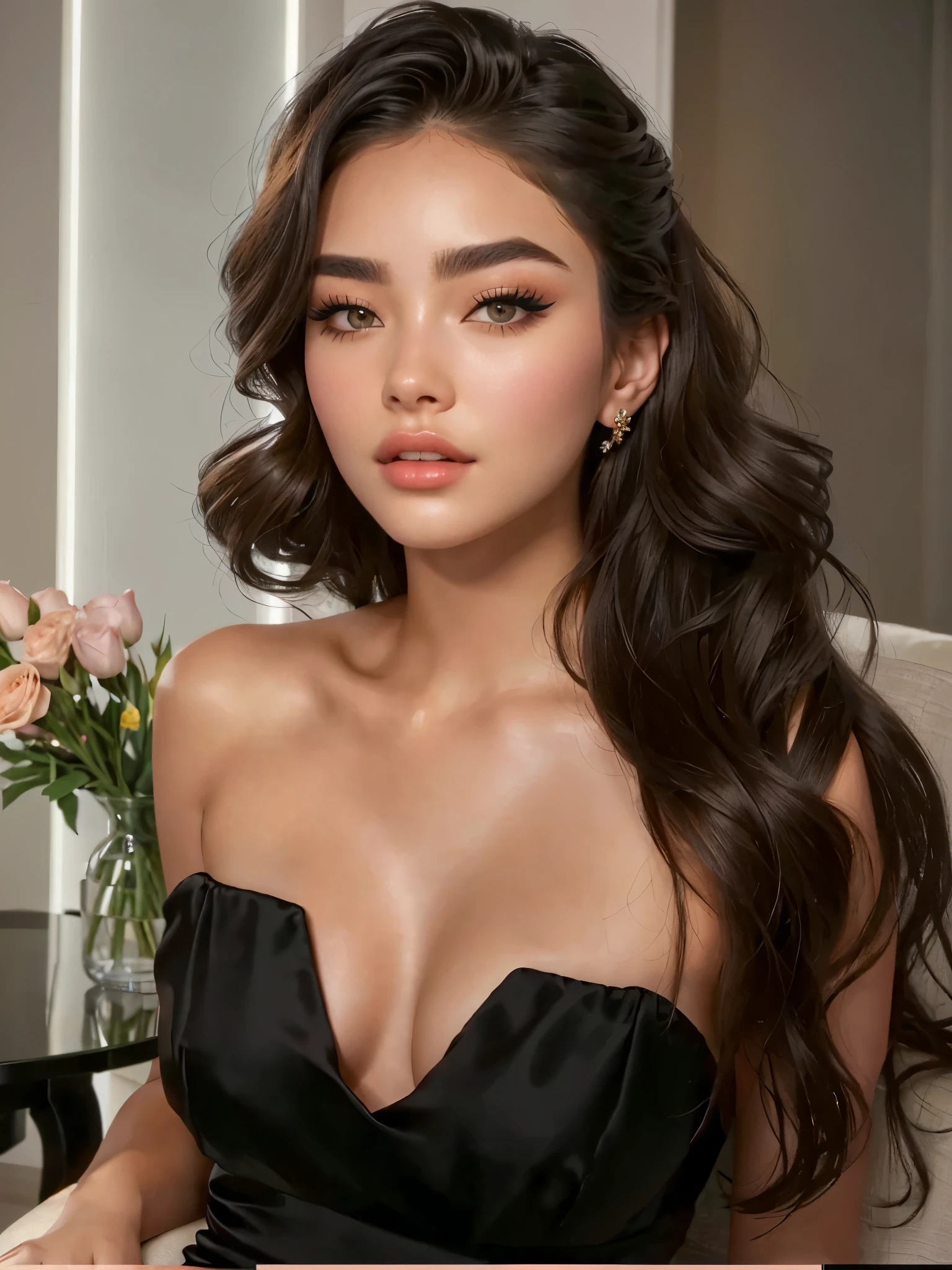 a woman in a black dress sitting on a couch with a vase of flowers, gorgeous young woman, beautiful woman, beautiful young american woman, beautiful american girl, american girl, popular south korean makeup High resolution, high quality, 4k, details, by Madison Beer, Ana de Armas, Madison Beer, By Ana de Armas