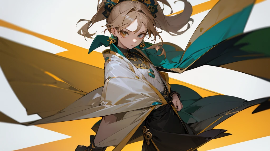 anime style, masterpiece, HD 4k, best quality, unique clothing, unique accessories, masterpiece, best quality, expressive, detailed clothing, solo, detailed earrings, detailed head accessories, full-body view, flat chest