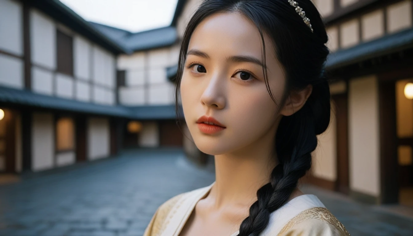 8k, Ultra-high resolution, Highest quality, masterpiece, 三分割法によるphotograph,Surreal, photograph, 1 Girl, (:1.3), pretty girl, Cute Face, Beautiful eyes in every detail, 細かくdetailedに,masterpiece,One Girl:1.2, Japan Female Announcer,extream close up,disgust,Long black hair,Pulled back hair,(Dressed in medieval European clothing:1.3),(印象派の美しい少女のPortraiture), (Standing in a medieval European square:1.3), (After the Rain), (Sunset reflection), (Impressionist light and colour),Realistic Skin, Perfect and beautiful face ,完璧でCute Face, Skin with attention to detail, Perfect limbs、Narrow waist,Looking at the audience、beauty,Long neck,clavicle,(((Ideal body type))),A cup small breasts :2,Portraiture:2,Perfect Anatomy,鮮明なdetailed,detailed,Surreal,Light and shadow,darkness