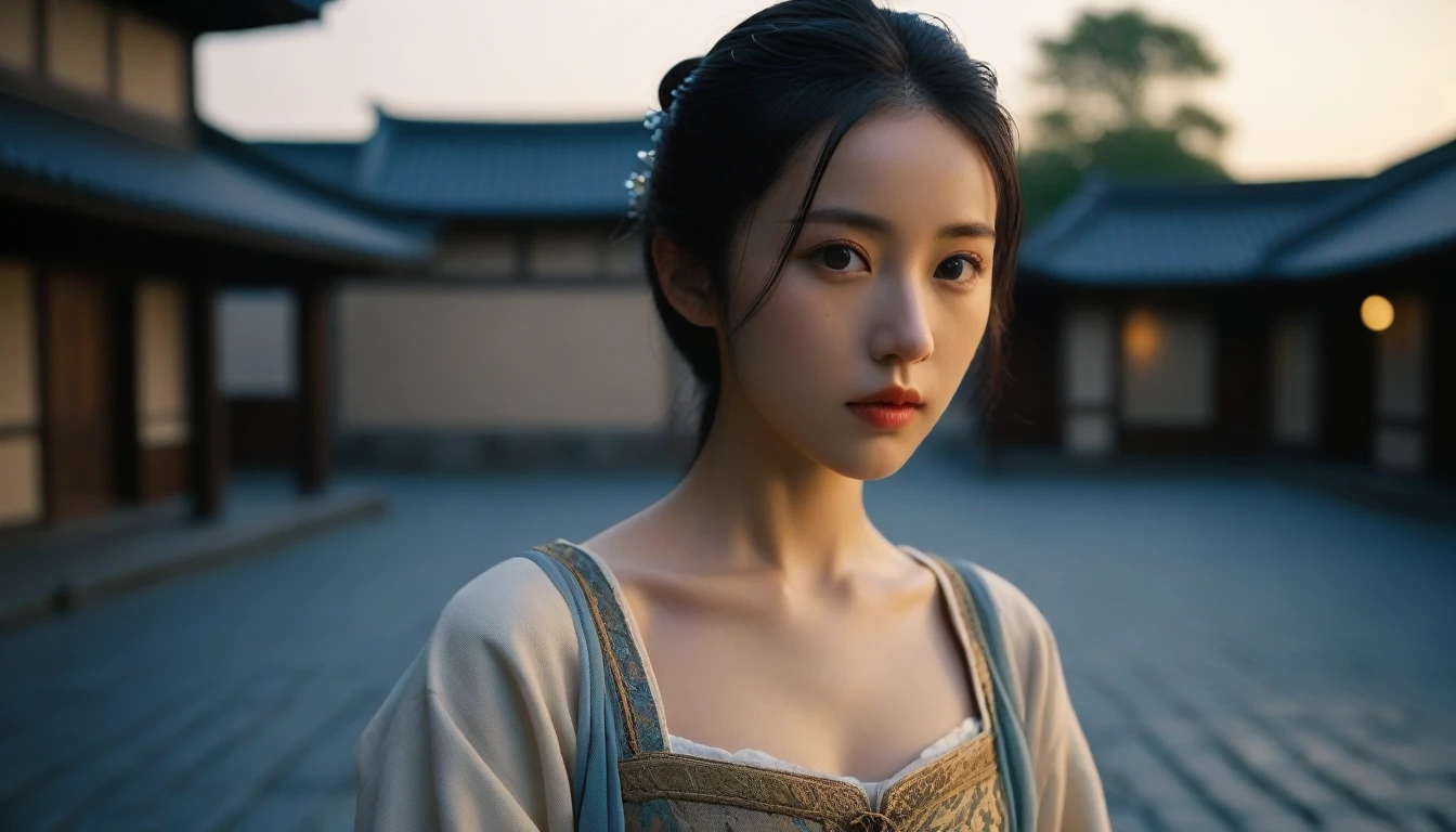 8k, Ultra-high resolution, Highest quality, masterpiece, 三分割法によるphotograph,Surreal, photograph, 1 Girl, (16 years old:1.3), pretty girl, Cute Face, Beautiful eyes in every detail, 細かくdetailedに,masterpiece,One Girl:1.2, Japan Female Announcer,extream close up,disgust,Long black hair,Pulled back hair,(Dressed in medieval European clothing:1.3),(印象派の美しい少女のPortraiture), (Standing in a medieval European square:1.3), (After the Rain), (Sunset reflection), (Impressionist light and colour),Realistic Skin, Perfect and beautiful face ,完璧でCute Face, Skin with attention to detail, Perfect limbs、Narrow waist,Looking at the audience、beauty,Long neck,clavicle,(((Ideal body type))),A cup small breasts :2,Portraiture:2,Perfect Anatomy,鮮明なdetailed,detailed,Surreal,Light and shadow,darkness