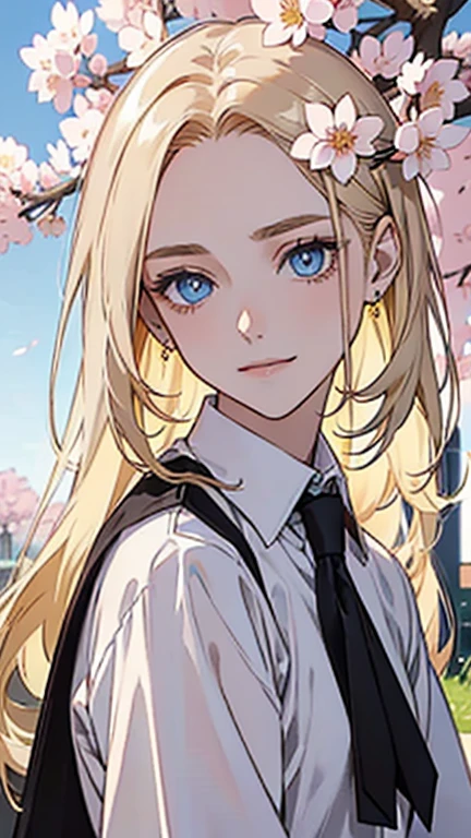 Masterpiece, high quality, Single male, very beautiful face, feminine, broad shoulders, broad chest, portrait, pale skin, light blue eyes, bright eyes, show forehead, very long light blond hair, yellow eyebrows, the face is relaxed, smiling, kind, black color, white collar shirt, white long sleeves, black slacks, black pants, no accessories, daytime, pink light, sakura in the background, Rich in color, close-up shot, bust photo, NO hands. Look at viewer.
