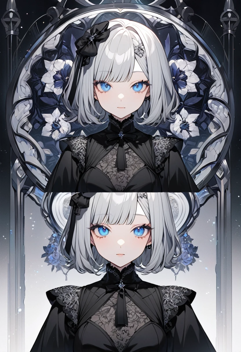 The person in the image appears to be a VTuber, an online content creator using a virtual avatar. Here are the features, including the clothing: Hair: The VTuber has short, silver hair with bangs. The hair is styled in a short bob cut with black bows on each side. Eyes: She has large, blue eyes with a gentle, slightly closed expression. Clothing: She is wearing a black dress with lace details. The dress has a high collar and a unique crisscross pattern on the chest, adorned with floral designs. Background: The background is white Comments Section: This VTuber has a cute and elegant appearance, with a gothic ta-style outfit and short bob haircut.