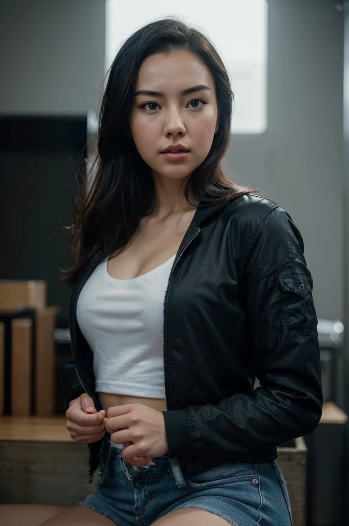 a beautiful young woman, Jessica Henwick, wearing a black jacket, white t-shirt, and blue jeans, detailed facial features, striking pose, looking directly at the camera, realistic, photorealistic, 8k, masterpiece, high quality, studio lighting, sharp focus, vivid colors, cinematic lighting