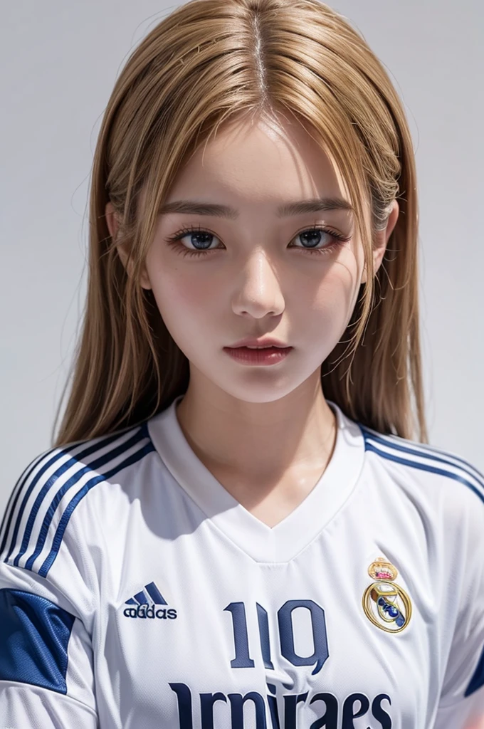{{{Real Madrid}}}, {{Adidas soccer jersey on white background}}, {{{best quality}}}, {{{realistic}}}, {{{Detailed facial description}}}, realistic 눈동자, blonde long hair, {{beautiful western beauty}}, female, realistic 유니폼 주름, {{{Real Madrid}}}, {{{soccer stadium}}}, Sponsor&#39;s name is Fly Emirates, {{{busty}}}, {{{uniform is wet}}}, {{{Nipples are shining}}}, {{{sexy pose}}}
