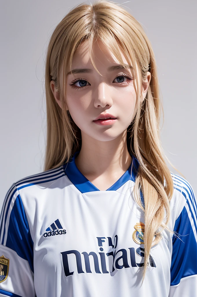 {{{Real Madrid}}}, {{Adidas soccer jersey on white background}}, {{{best quality}}}, {{{realistic}}}, {{{Detailed facial description}}}, realistic 눈동자, blonde long hair, {{beautiful western beauty}}, female, realistic 유니폼 주름, {{{Real Madrid}}}, {{{soccer stadium}}}, Sponsor&#39;s name is Fly Emirates, {{{busty}}}, {{{uniform is wet}}}, {{{Nipples are shining}}}, {{{sexy pose}}}