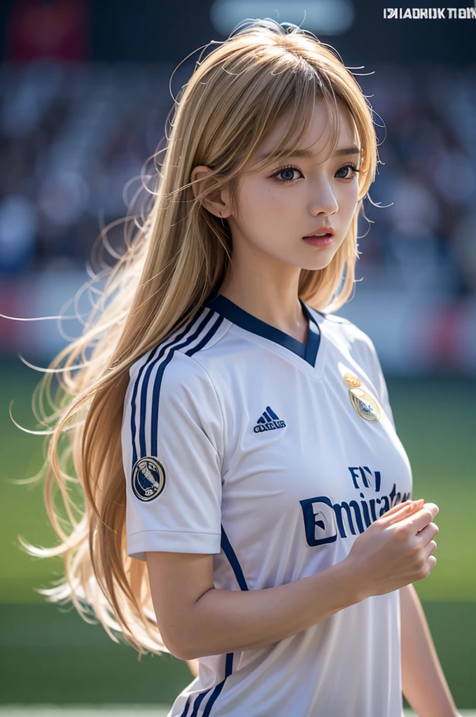 {{{Real Madrid}}}, {{Adidas soccer jersey on white background}}, {{{best quality}}}, {{{realistic}}}, {{{Detailed facial description}}}, realistic 눈동자, blonde long hair, {{beautiful western beauty}}, female, realistic 유니폼 주름, {{{Real Madrid}}}, {{{soccer stadium}}}, Sponsor's name is Fly Emirates, {{{busty}}}, {{{uniform is wet}}}, {{{Nipples are shining}}}, {{{sexy pose}}}