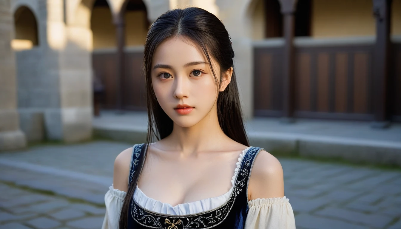 8k, Ultra-high resolution, Highest quality, masterpiece, 三分割法によるphotograph,Surreal, photograph, 1 Girl, (16 years old:1.3), pretty girl, Cute Face, Beautiful eyes in every detail, 細かくdetailedに,masterpiece,One Girl:1.2, Japan Female Announcer,extream close up,disgust,Long black hair,Pulled back hair,(Dressed in medieval European clothing:1.3),(印象派の美しい少女のPortraiture), (Standing in a medieval European square:1.3), (After the Rain), (Sunset reflection), (Impressionist light and colour),Realistic Skin, Perfect and beautiful face ,完璧でCute Face, Skin with attention to detail, Perfect limbs、Narrow waist,Looking at the audience、beauty,Long neck,clavicle,(((Ideal body type))),A cup small breasts :2,Portraiture:2,Perfect Anatomy,鮮明なdetailed,detailed,Surreal,Light and shadow,darkness