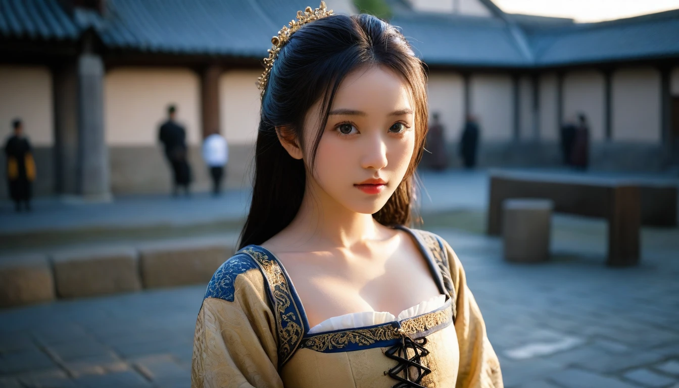 8k, Ultra-high resolution, Highest quality, masterpiece, 三分割法によるphotograph,Surreal, photograph, 1 Girl, (:1.3), pretty girl, Cute Face, Beautiful eyes in every detail, 細かくdetailedに,masterpiece,One Girl:1.2, Japan Female Announcer,extream close up,disgust,Long black hair,Pulled back hair,(Dressed in medieval European clothing:1.3),(印象派の美しい少女のPortraiture), (Standing in a medieval European square:1.3), (After the Rain), (Sunset reflection), (Impressionist light and colour),Realistic Skin, Perfect and beautiful face ,完璧でCute Face, Skin with attention to detail, Perfect limbs、Narrow waist,Looking at the audience、beauty,Long neck,clavicle,(((Ideal body type))),A cup small breasts :2,Portraiture:2,Perfect Anatomy,鮮明なdetailed,detailed,Surreal,Light and shadow,darkness
